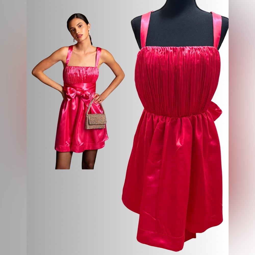 NWT - ANTHROPOLOGIE MAEVE - Pink Satin Mini Bow Cocktail Dress - Sz 14